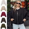 Women S Loose Round Neck Zip Up Baseball Jacket Solid Color Long Sleeve