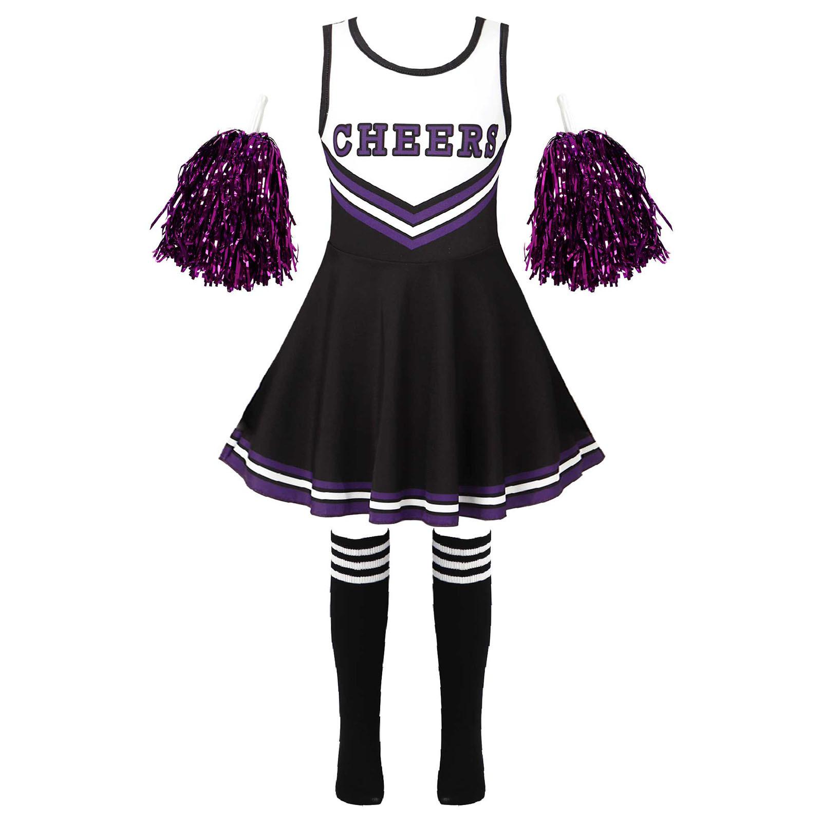 

Girls’ Cheer Dress with Full Accessories: Sleeveless Letter Print Top & Skirt, Comes with Cheer Flower & Striped Socks 3-4 Years чорний