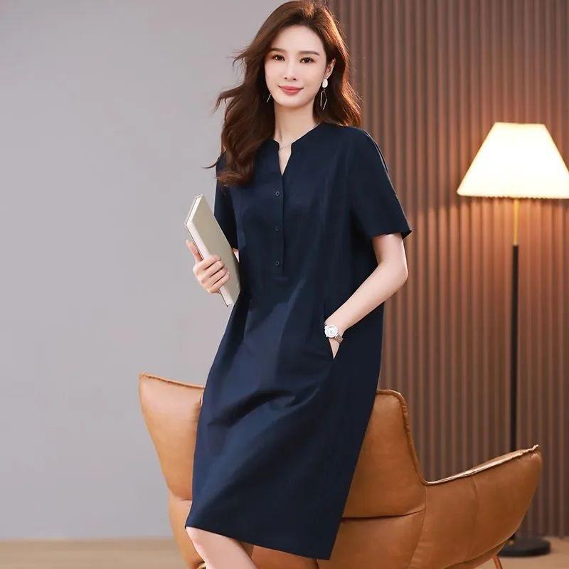 Women Summer Linen Cotton Dress V Neck Half Button Short Sleeve Midi Dress Loose Plus Size Elegant Mother Dress Casual Pocket Dresses