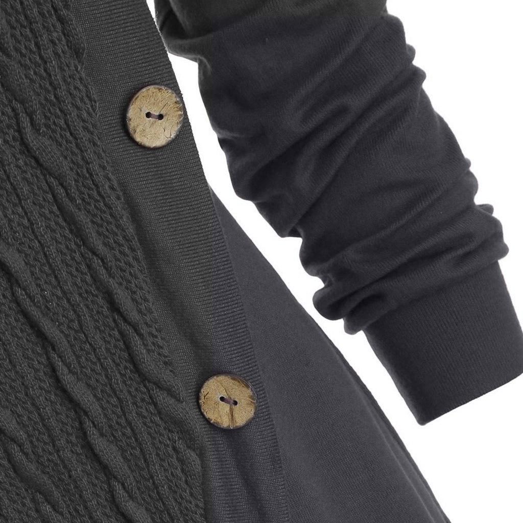 Women's Plus Size High Neck Hooded Knit Sweater with Button Detail