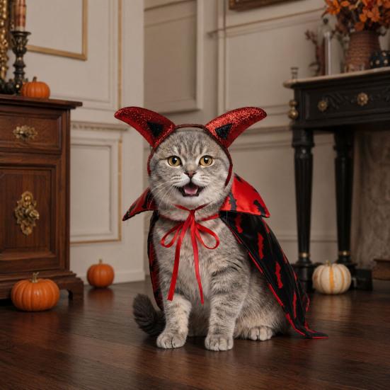 1 Set Gothic Devil Pet Clothes, Adjustable Devil Horn Headband Bat Print Cloak, Halloween Dog Devil Costume Set for Cats Dogs Party Outfit Cosplay