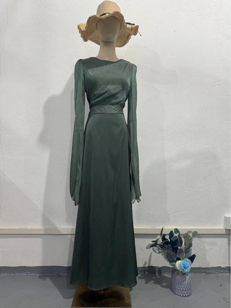 2025 Spring Socialite Slimming Spliced Glass Yarn Long Sleeve Satin Dress