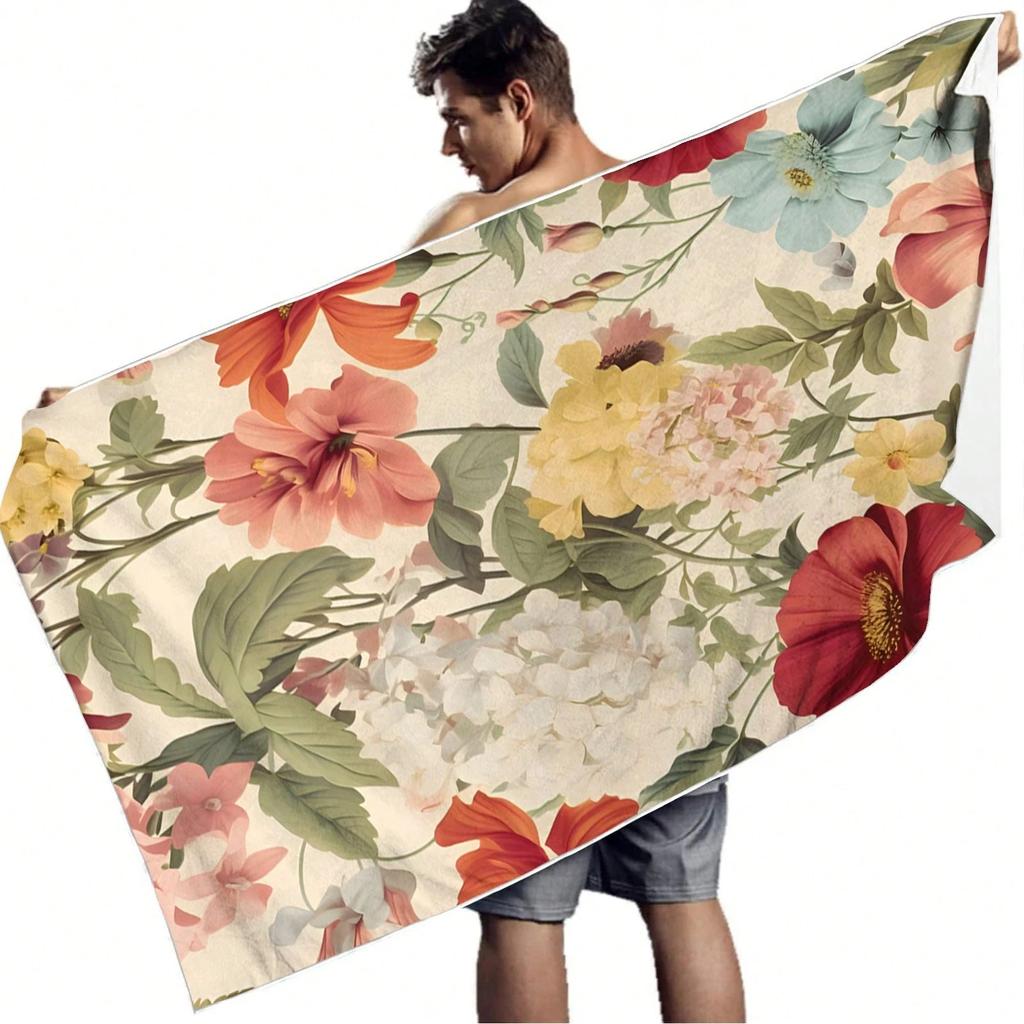 Aesthetic Watercolor Floral Print Beach Towel –Microfiber,Quick Dry,Oversized Fit–Beach Outfits, Boho Vintage Flower Beach Towel