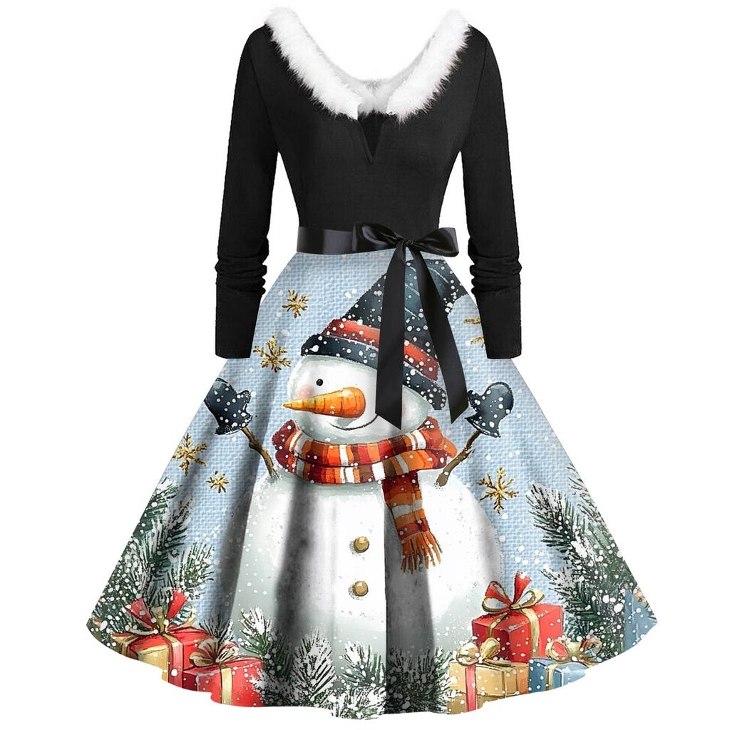 Christmas Print Flare Dress For Women Long Sleeve Dress Hollow Party Casual Dresses