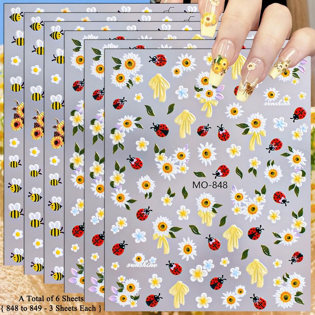 3 To 15 Sheets 5D Sunflower Daisy Nail Stickers Bee Ladybug Flower Decals Self Adhesive Spring Nail Art