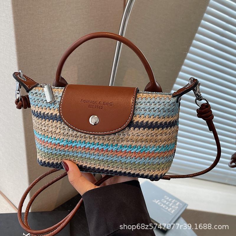 Summer mini woven portable small bag women's 2025 new shoulder messenger bag beach vacation small bag bucket bag