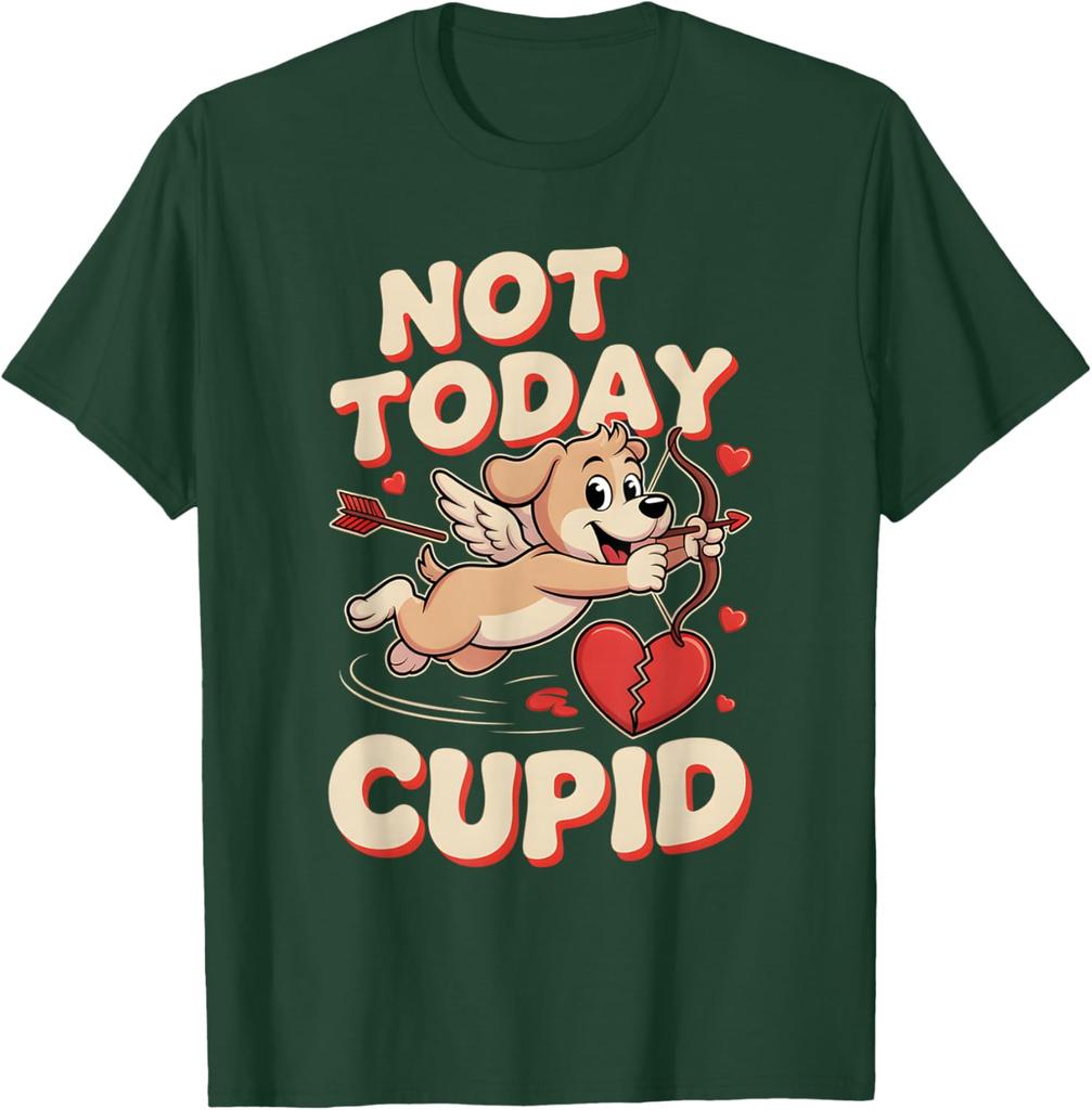 Not Today Cupid Funny Puppy Cartoon Graphic Tee Anti Valentine Casual Short Sleeve T-Shirt