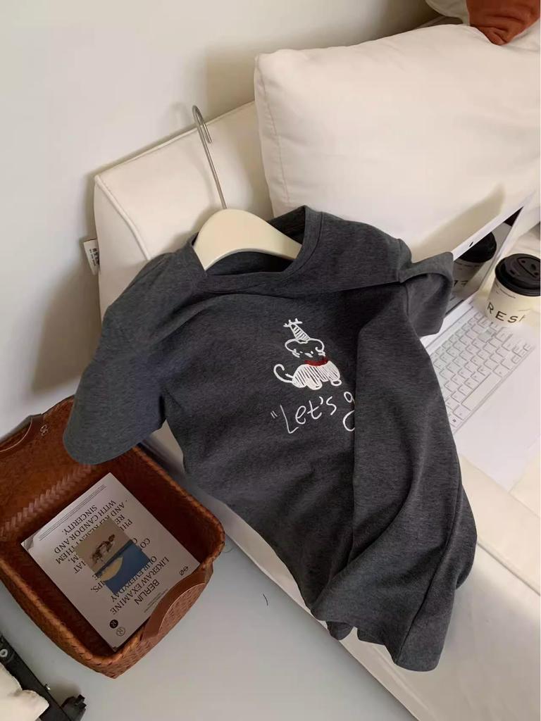 2025 Summer Women's Embroidered Dog T-shirt - Short Sleeve, Simple Line Design, Round Neck