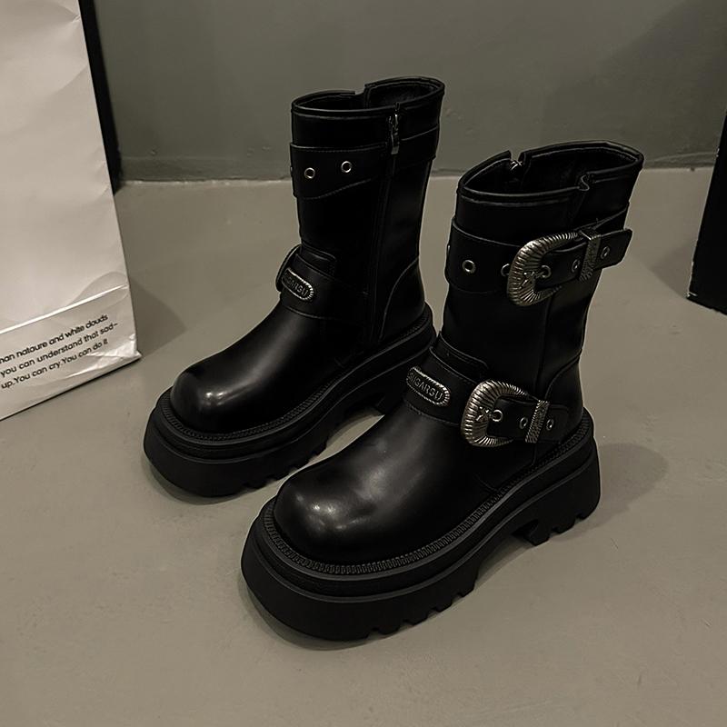 fashion women's boots round toe mid heel shoes for women outdoor fashion platform shoes zip metal decoration mid-calf goth modern boots
