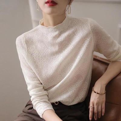 Halbhoher Kragen Spitzenbasis Strickpullover für Damen Innerer Stil und Temperament Pullover Top