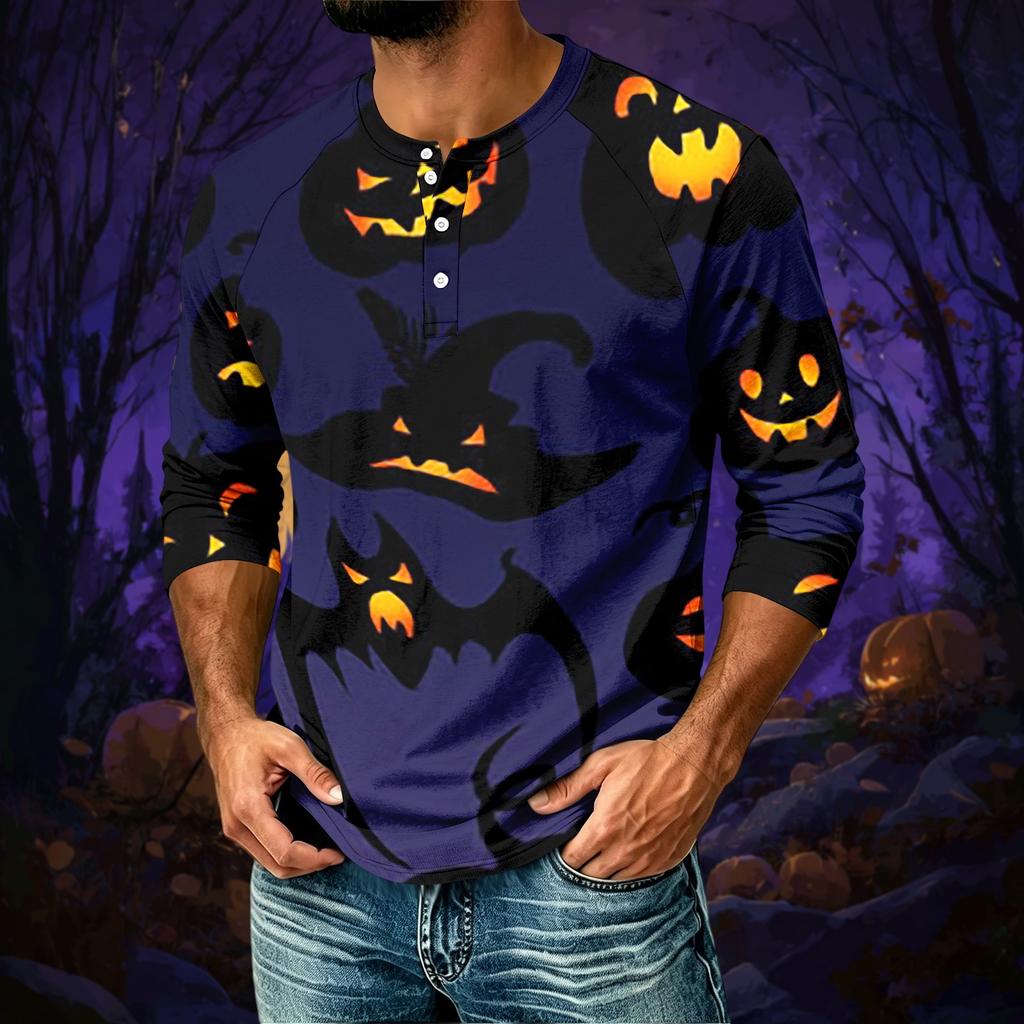 Men's Casual Halloween Print Raglan Three-Quarter Sleeve Shirt