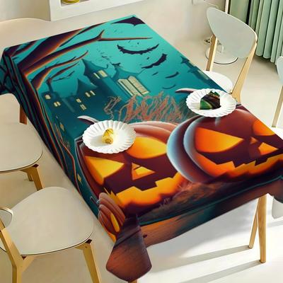 1pc Halloween Themed Tablecloth with Spooky Jack-o'-Lantern, Bat, Castle, and Moonlit Night Patterns - Durable, Easy To Clean, Suitable for Indoor and