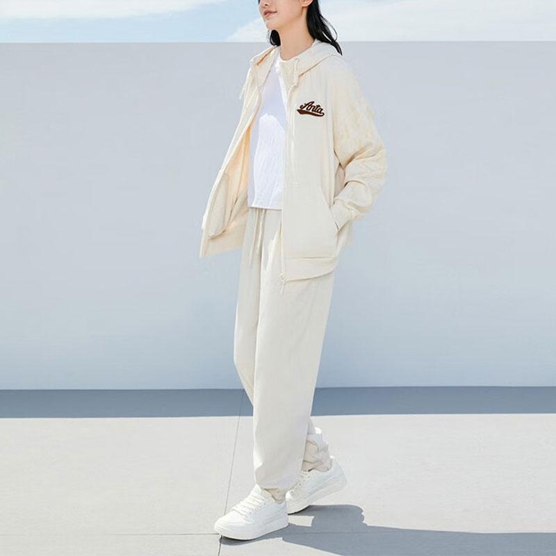 Anta Lifestyle Series Frisbee Alliance Letter Logo Printed Hooded Knit Jacket Women jackets Stone-White 162338723-1