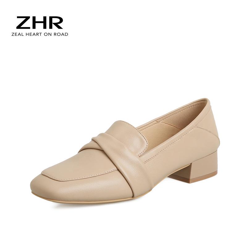 

Женские лоферы ZHR на толстом каблуке с квадратным носком — лето 2023 г. Кожаные туфли без застежек в британском стиле 35 абрикосовый