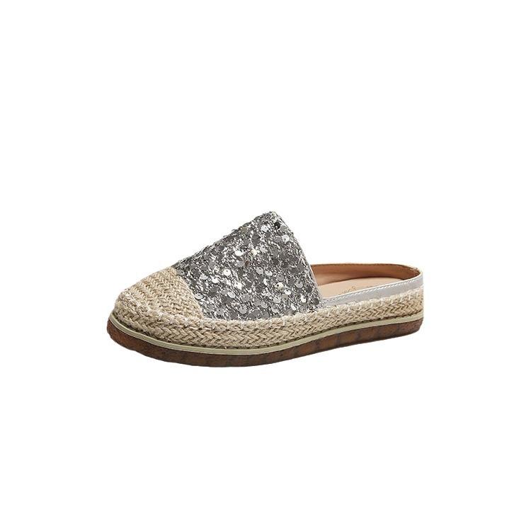 Sequin Woven Half Slippers Women's Summer Wear 2025 Comfortable Straw Fisherman Shoes Platform Lazy One Pedal Muller Shoes
