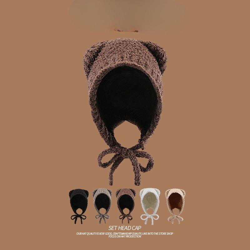 Plush Bear Ears Knitted Hat Women's Autumn and Winter Face Revealing Small Maillard Style Beanie Warm Big Head Cold Hat