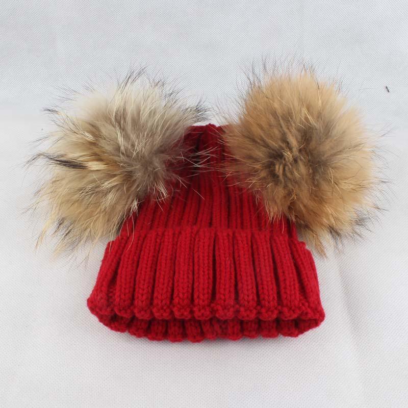 Kids Knitted Beanie Hat With Double Pom Poms Striped Ribbed Cuffed Winter Warm Boys Girls