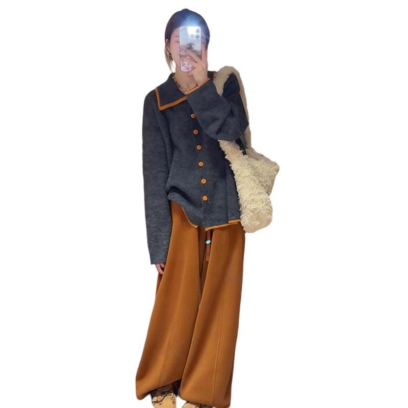 2025 Autumn/Winter Korean Chic Loose Knit Sweater & High-Waisted Wide-Leg Pants Two-Piece Set