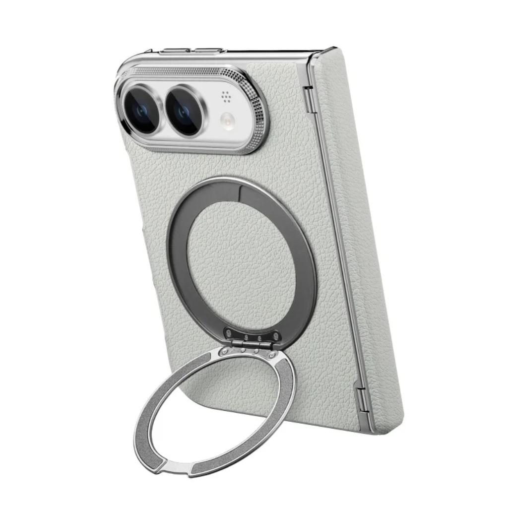 360 ° Rotating Magnetic Ring Kickstand Phone Case for IPhone Duo 18 Fold PU Leather Hinge Protection Wireless Charging Cover