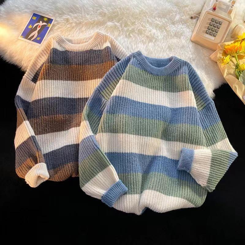 Women's Color-Block Round Neck Sweater - Autumn/Winter Casual Knitwear, Trendy & Versatile Style for Couples