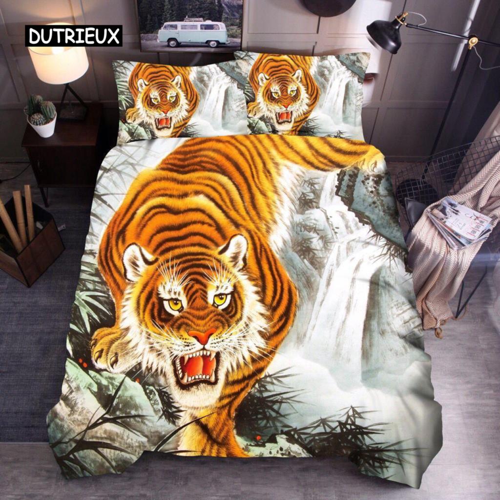 Animal Duvet Cover Set Queen Size Polyester Lightning Lion Pattern Comforter Cover Grey Black Soft Bedding Set For Teen Boys Man