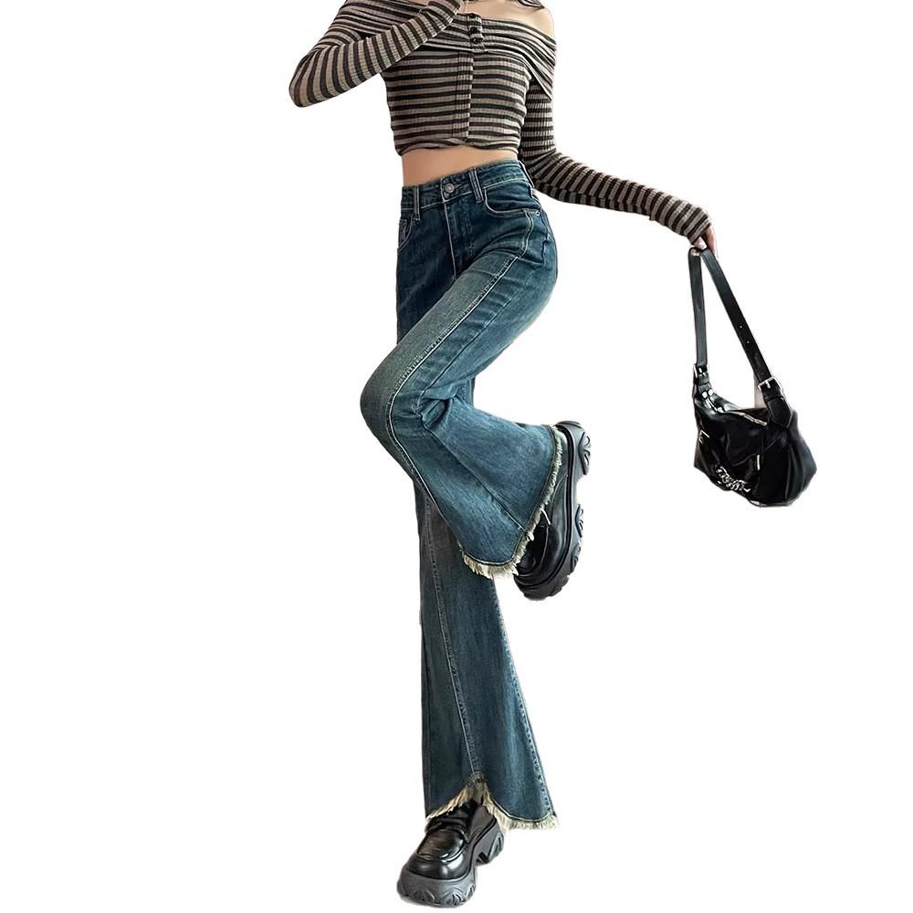 Women's High Waist Slimming Velvet Tassel Flare Jeans with Split Hem - 2025 Autumn/Winter Collection