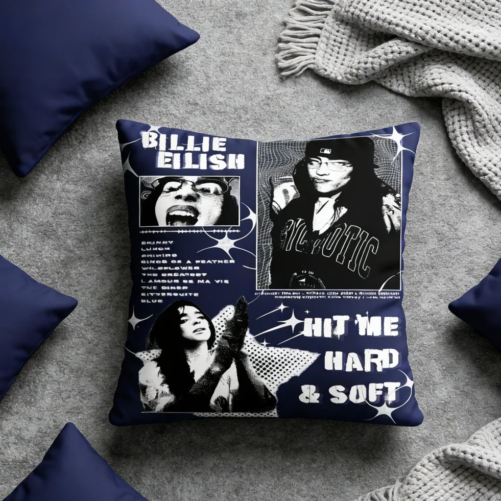 Billie Eilish Fan Merch Povlak na polštář Hit Me Hard & Soft Design alba Potah na polštář Oboustranně potištěný Pro hudební fanoušky Domácí dekorace