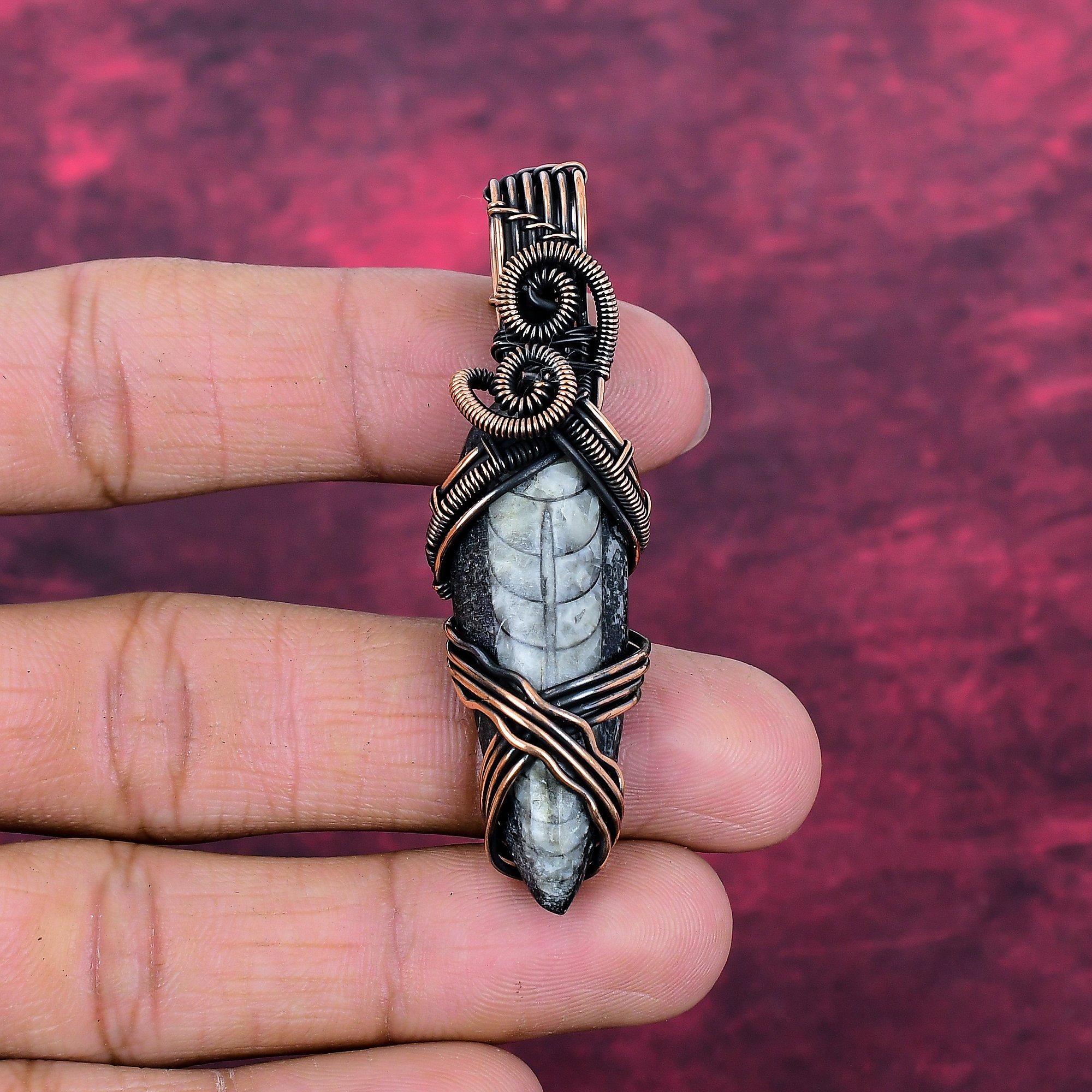 Orthoceras Fossil Pendant Handmade Pendant Gemstone Copper Wire Wrapped Jewelry