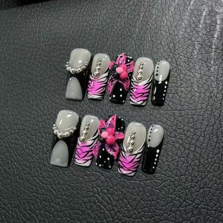 10Pcs Dark Sweet 3D Butterfly Floral Handmade Fake Nails Mid Length Ballet Acrylic Press On Nails For Women