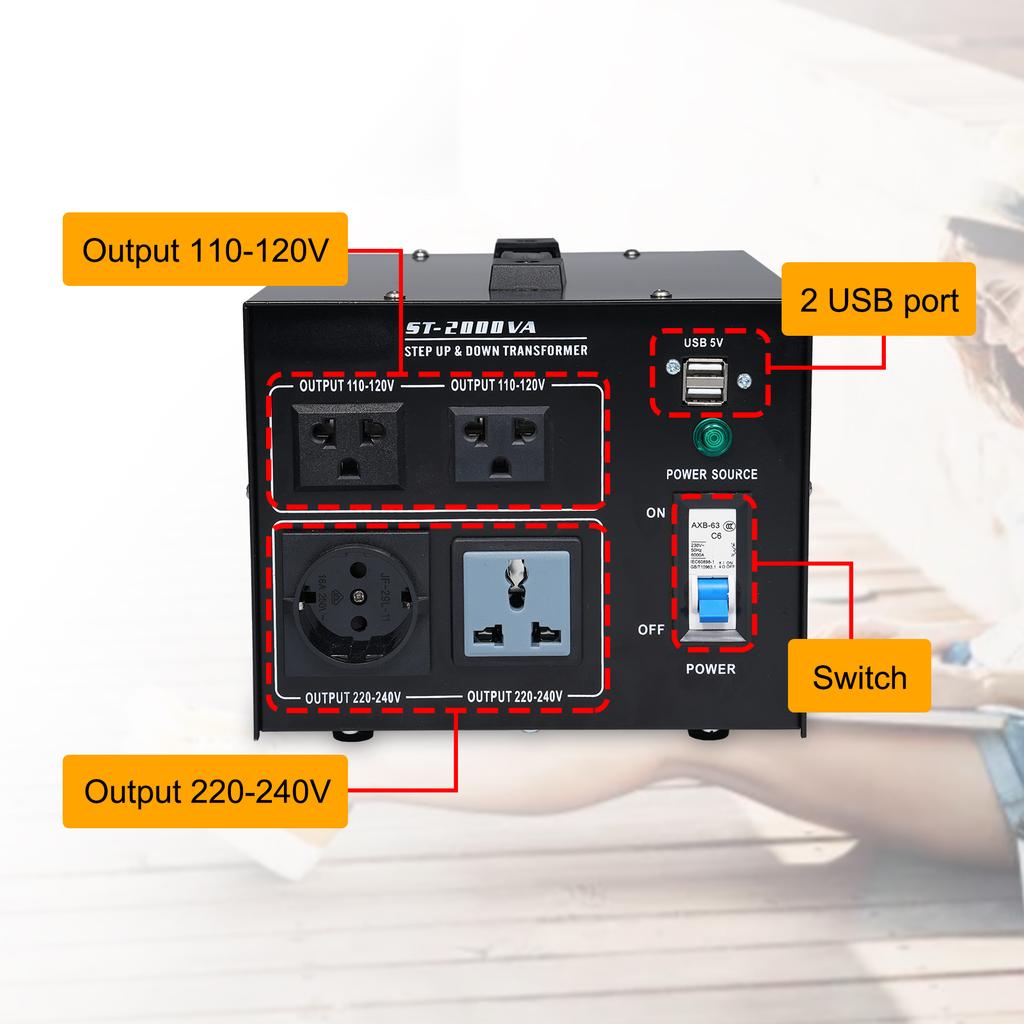 2000W Voltage Step Up Down Converter Power Converter 220V to 110V 2x USB Ports High Efficiency Good Heat Dissipation for Laptop, Mobile Ph