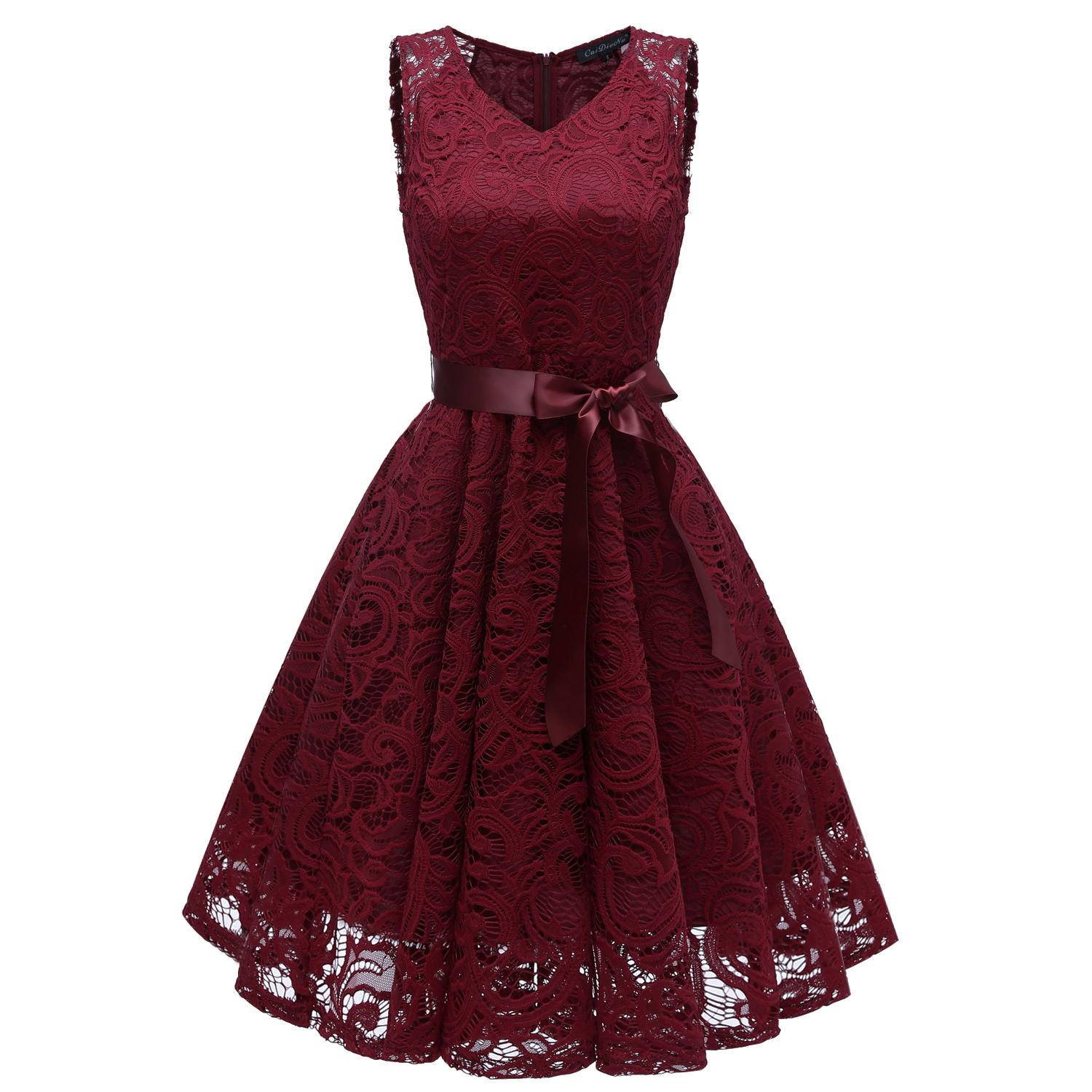 

Женское винтажное кружевное платье трапециевидной формы без рукавов с цветочным принтом и галстуком-лентой, сарафан миди для вечеринок, коктейлей, вечерних нарядов, повседневная одежда M бордовый