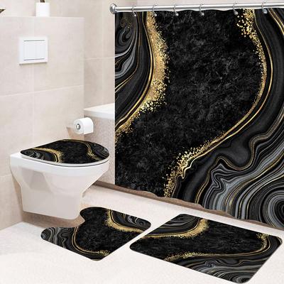 4-teiliges Set, Fußmatte, Duschvorhang mit rutschfesten Teppichen, Toilettensitzbezug, Badeteppich, langlebig, wasserdicht, Badezimmer, Heimeingangsdekor