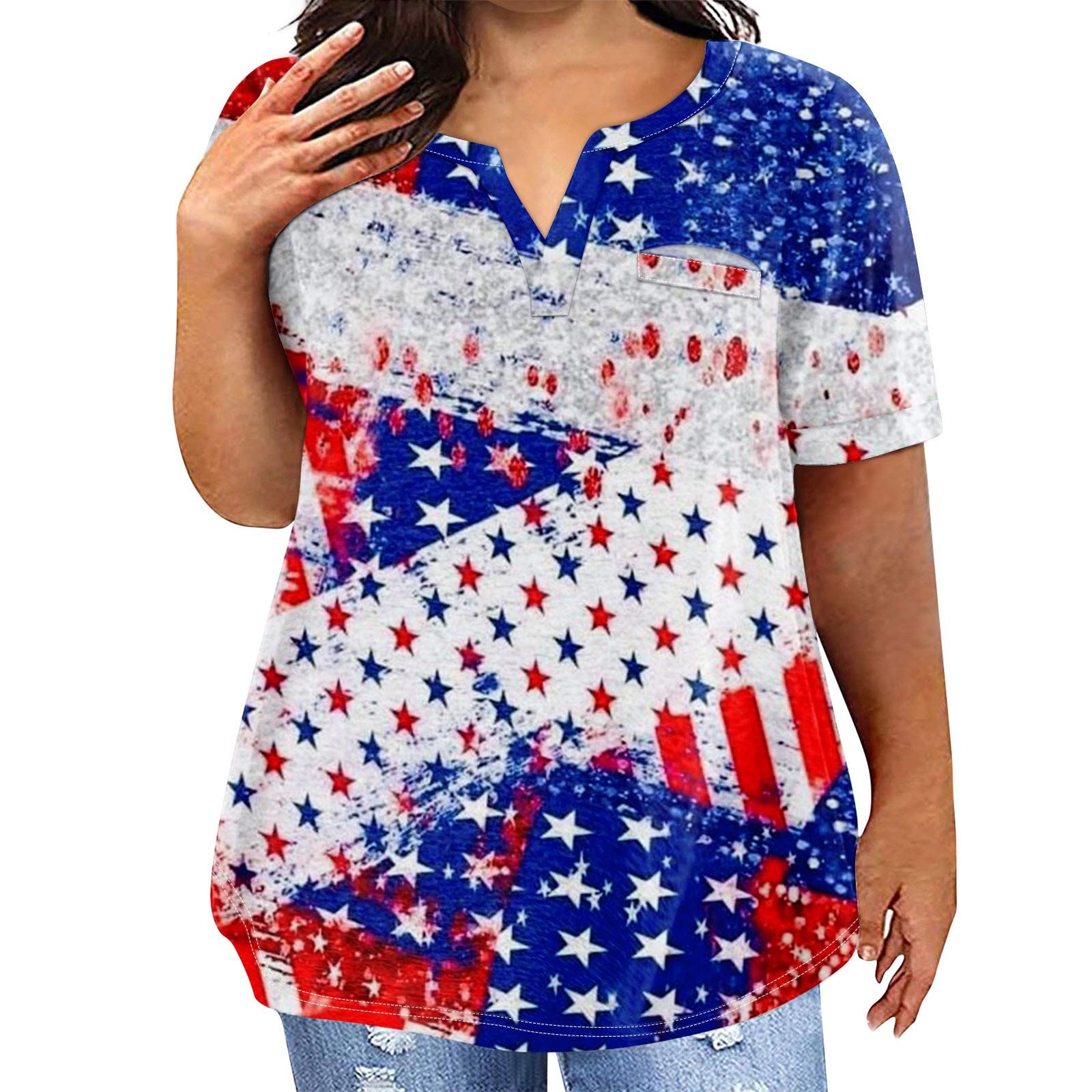 

Женская большая футболка, летняя повседневная футболка с v-образным вырезом и коротким рукавом с принтом на День независимости, карманный топ с короткими рукавами L