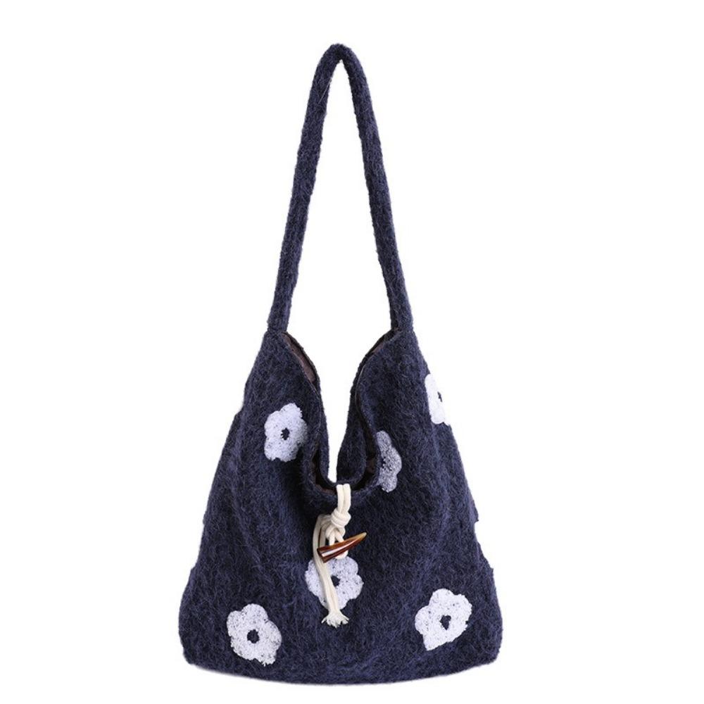 INS Plush Tote Bag Soft Polyester Lining Underarm Bag Fashion Floral Handle Bag  Women темно-синий