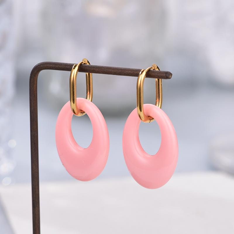 New Fashion Hollow Oval Geometric Hoop Earrings For Women Acrylic Resin Gold Color Stainless Steel Ear Buckle Female Zircon розовый
