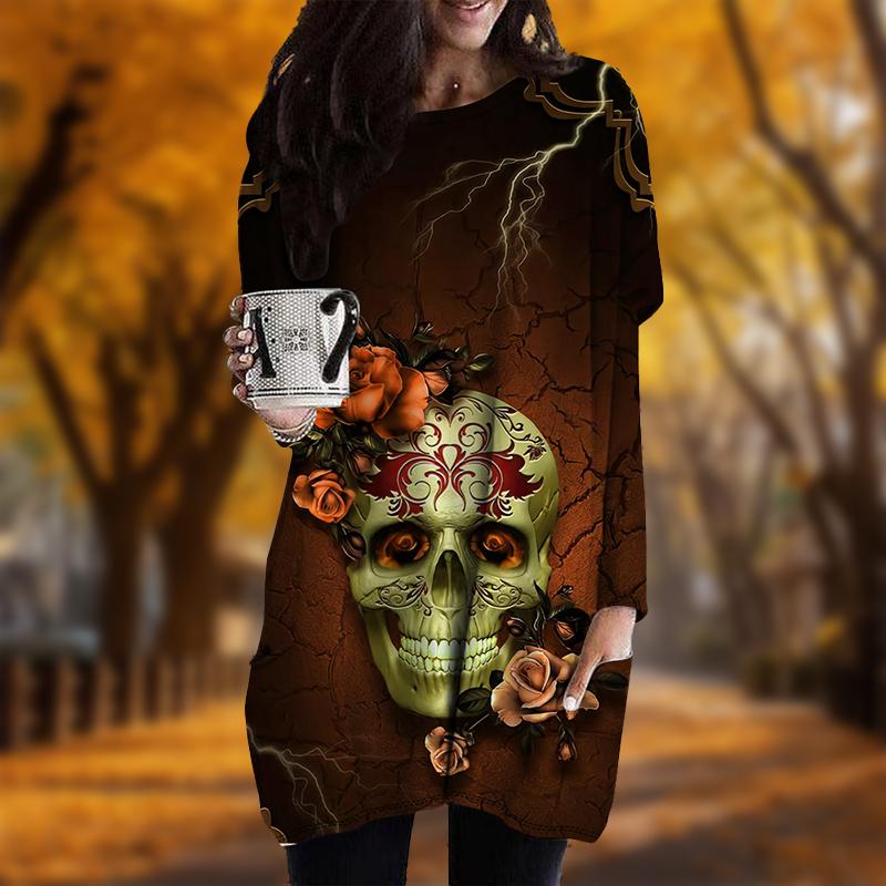 New In Autumn Skull Lightning Print Plus Size Dress Women O'neck Long Sleeves Casual Pocket Dresses