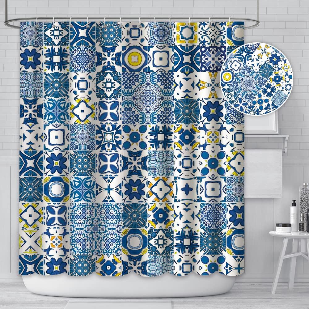 Blue And Yellow Tiles Shower Curtain Modern Retro Textures Morocco Mosaic Portuguese Mediterranean Shower Curtain For Bathroom