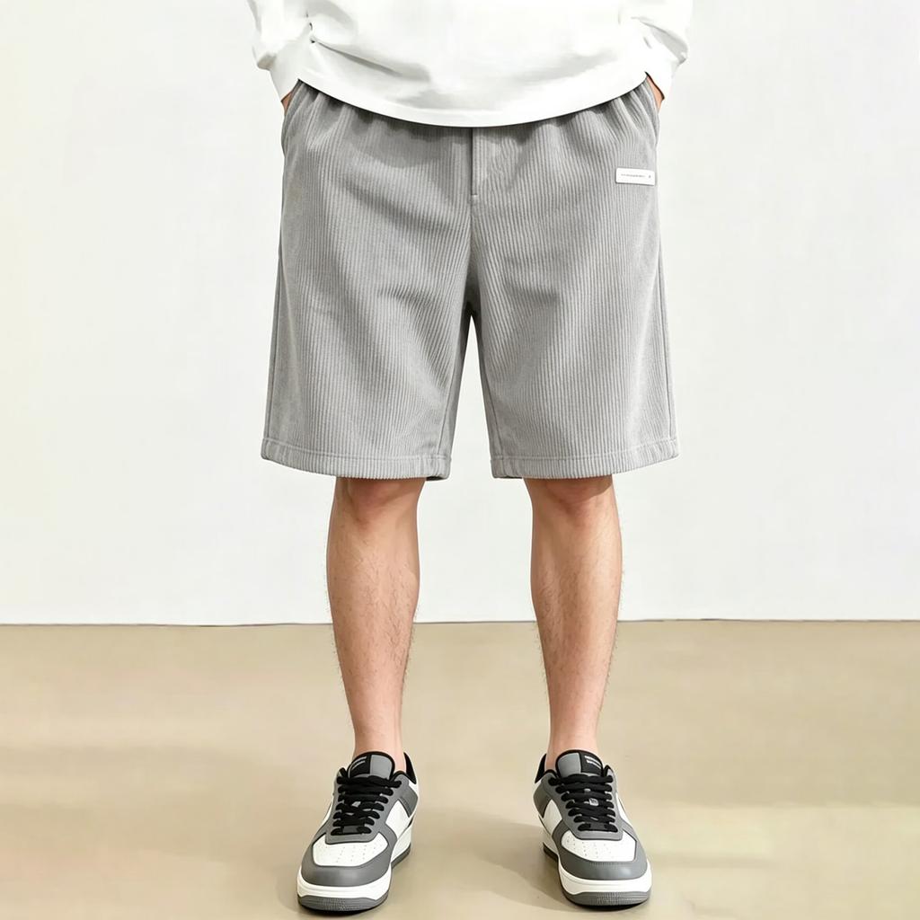 Mens Corduroy Shorts Relaxed Fit Knee Length Straight Leg Casual Shorts with Elastic Waistband and Side Pocket Design for Everyday Wear