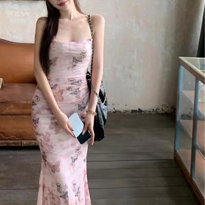 Butterfly Print Spaghetti Strap Waist-Hugging Backless Bodycon Dress for Women - Long, Summer Style