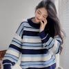 Autumn Winter Pink Stripe Sweater Vintage Loose Knit Fried Dough Twist Contrast Color Top Korean Warm Sweater Pullover Female