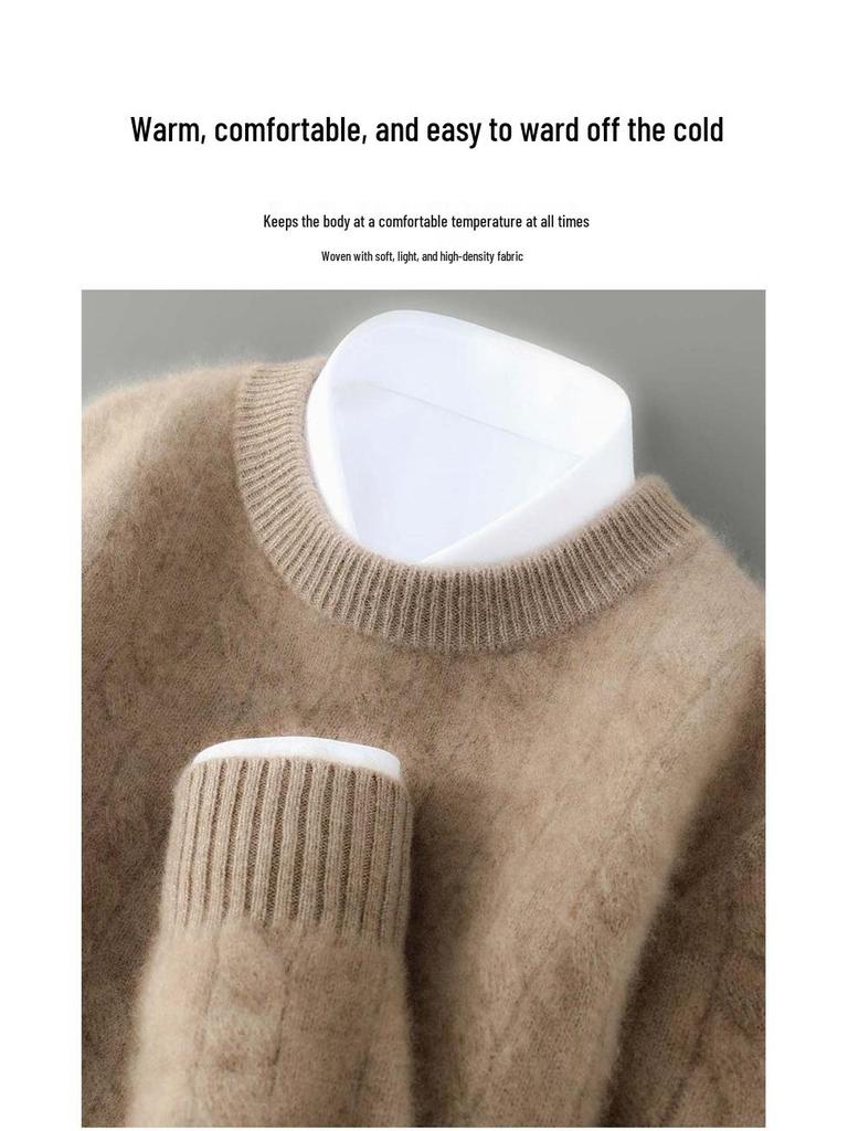 Men's Minimalist Wool Ribbed Knit Sweater – Round Neck Versatile Pullover Base Layer Top
