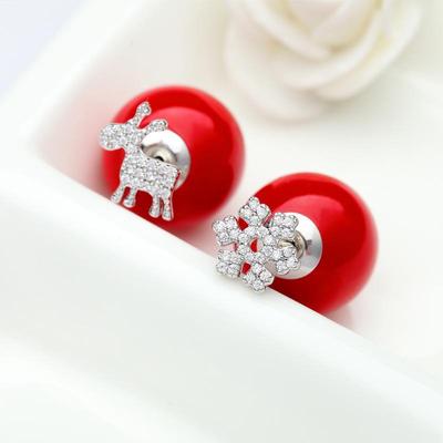 Korean Snowflake Antler Pearl Stud Earrings - Christmas Elk Red Pearl Jewelry Gift
