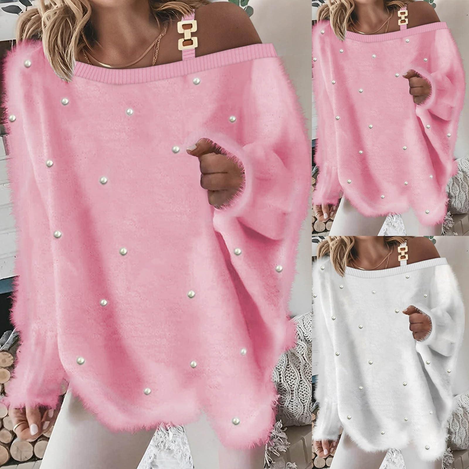 

Пушистые флисовые свитера с открытыми плечами для женщин, модные свободные свитера с длинными рукавами и жемчужным декором M белый