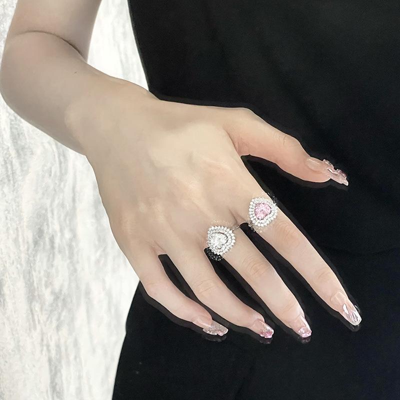 Love Diamond-Set Pink Zircon Colored Treasure Ring, Women'S Light Luxury High-End Sense Cold Wind Niche Design Open Ring