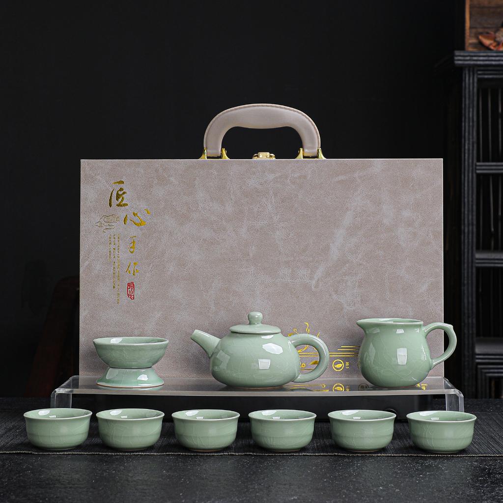 Ceramic Kung Fu tea set Household Ge kiln open teapot teacup high-end gift box business gift