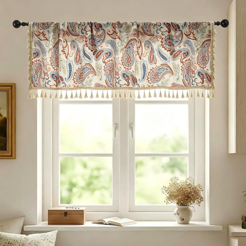 1PCS Rodless Bohemian Patterned Kitchen Half Curtain Cashew Patterned Coffee Curtain Toilet Curtain Retro Tassel Decoration for Dust and Ugliness