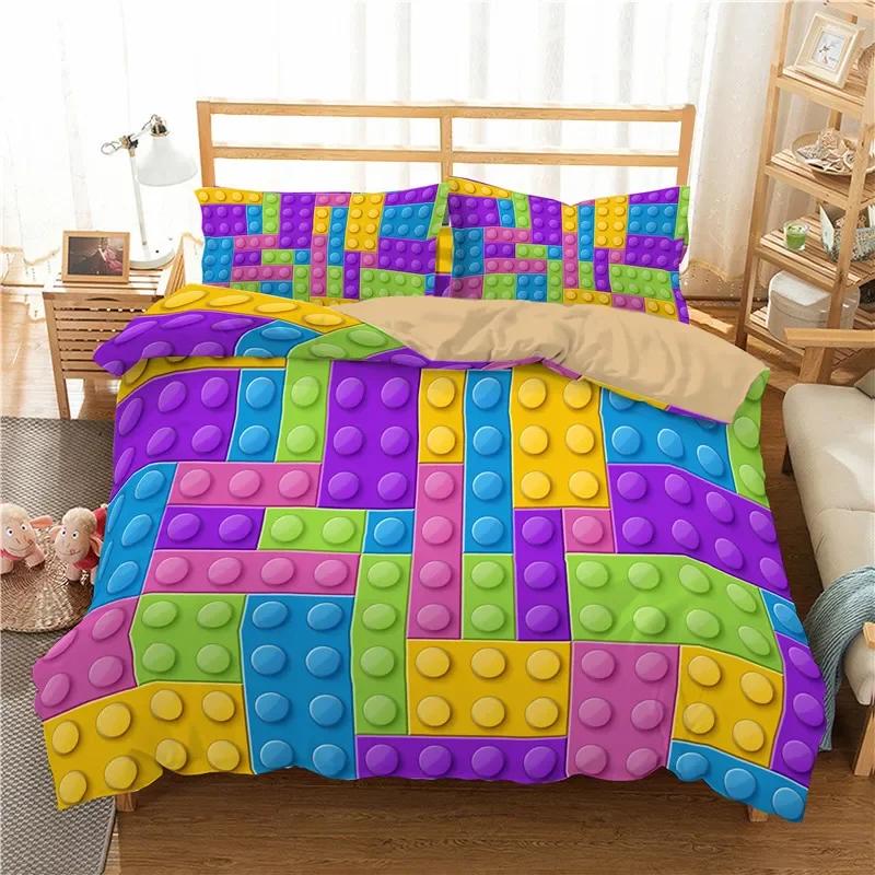 Colorful Blocks Duvet Cover King/Queen Size,Building Toy Bedding Set Kids Boys Girls Orange Blue Fun Brick Polyester Quilt Cover