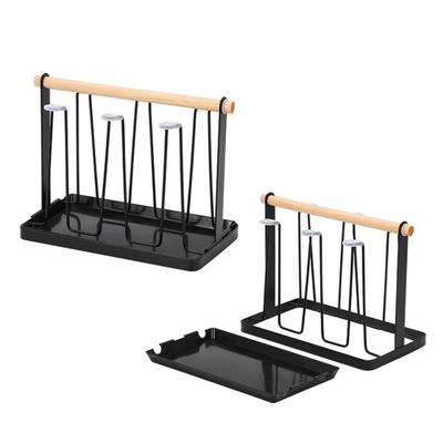 Kitchen Cup Storage Rack Iron Cup Drying Rack with Wood Handle Drip Tray Baby Bottle Dryer Holder Space-saving Kitchen for Mugs