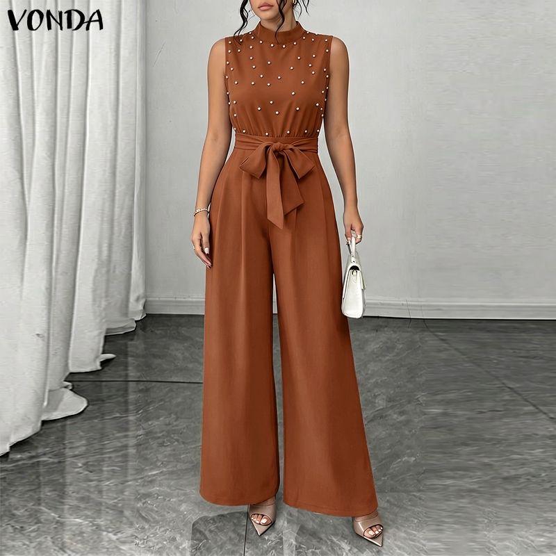 VONDA Summer Women Sleeveless Beading Casual Long Elegant Jumpsuits Overalls