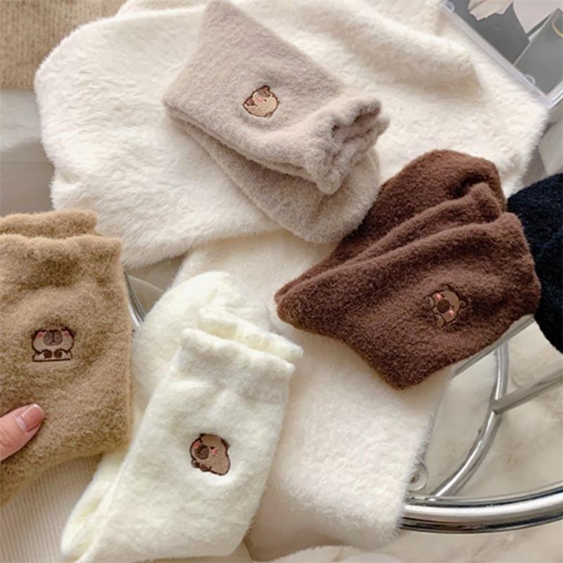 1/5 Pairs Cozy Hairy Mink Cute Capybara Mid-Calf Socks Women Autumn Winter Thicken Warmer Socks Sleep Floor Home Fluffy Sockings